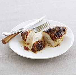 Chicken breasts stuffed with sun-dried tomatoes and green olives