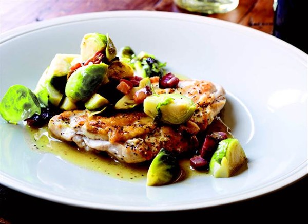 Chicken breasts with bacon and Brussels sprouts