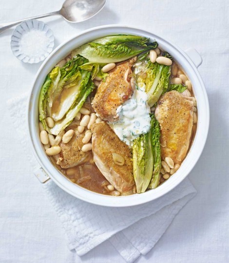 Chicken breasts with beans, braised little gems and roasted garlic yogurt