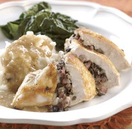 Chicken breasts with mushroom-pancetta stuffing & verjus sauce