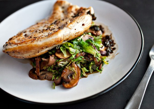 Chicken breasts with mushrooms and wilted frisée