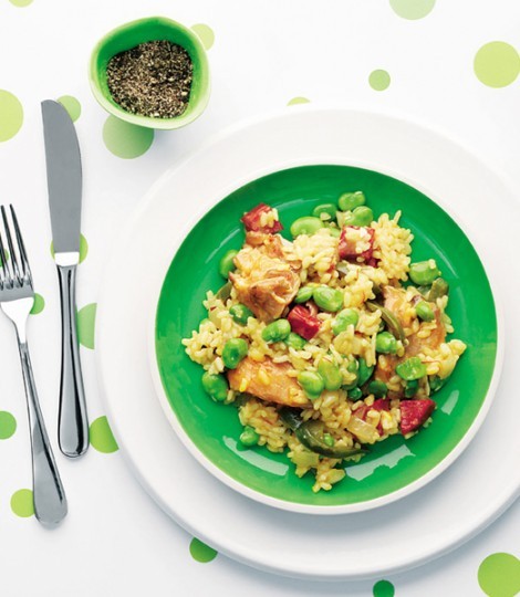 Chicken, broad bean and chorizo rice