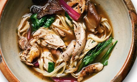 Chicken broth, noodles and greens
