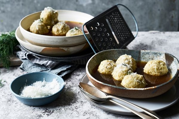 Chicken broth, old bread matzo balls