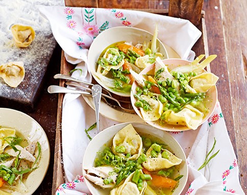 Chicken broth with tortellini