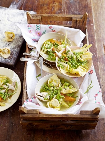 Chicken broth with tortellini
