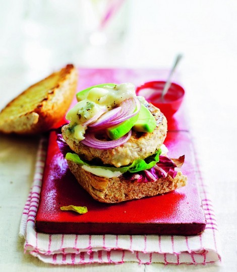 Chicken burger with avocado and blue cheese