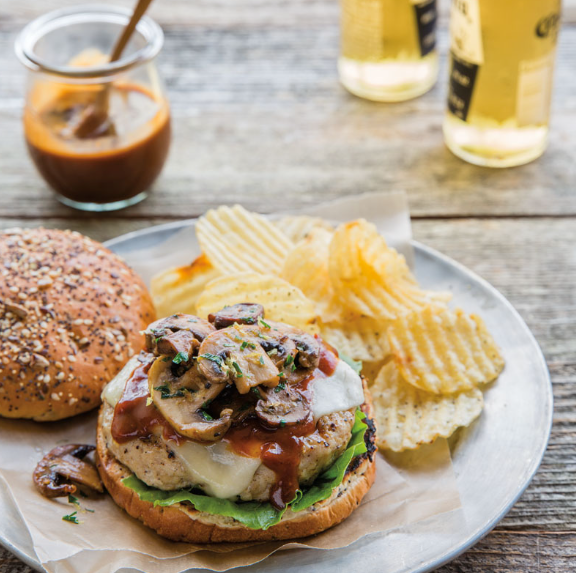 Chicken burgers with bourbon BBQ sauce and mushrooms