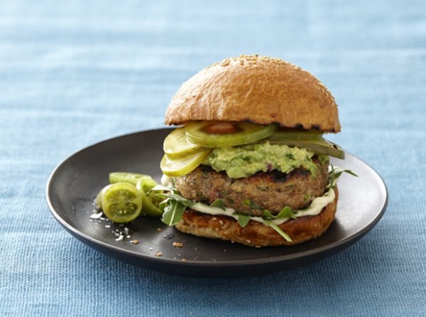 Chicken burgers with  green goddess guacamole 