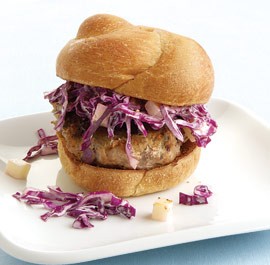 Chicken burgers with red cabbage and apple slaw