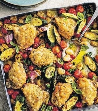 Chicken, butter bean & summer vegetable traybake