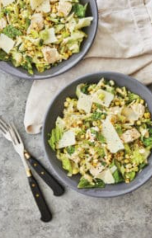 Chicken Caesar salad with Asiago and grilled corn
