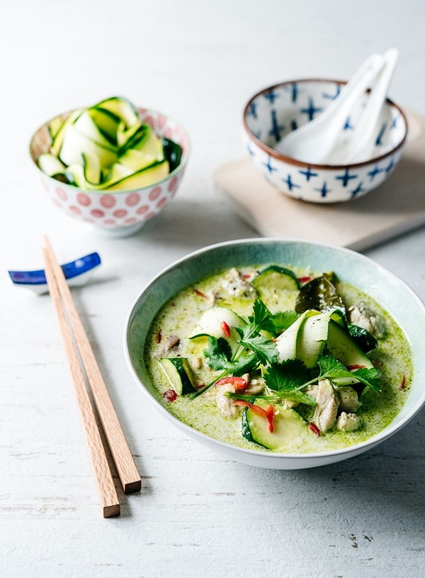 Chicken, cashew and coconut soup with pickled zucchini