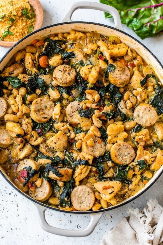 Chicken cassoulet with sausage and Swiss chard
