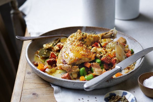 Chicken cassoulet with spicy chorizo and smoked bacon