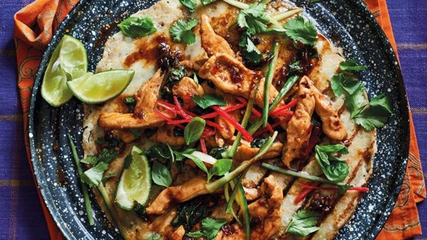 Chicken, chilli & basil pancake wraps
