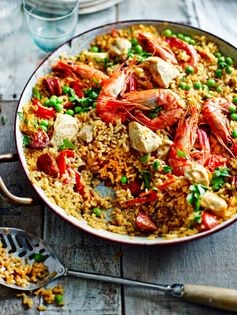 Chicken, chorizo & tiger prawn paella