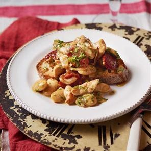 Chicken, chorizo and beans on toast