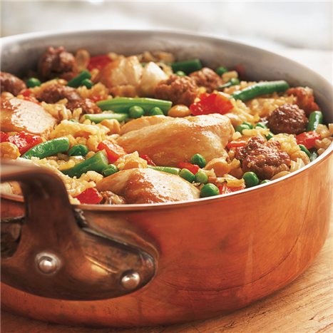 Chicken, chorizo, and chickpea paella