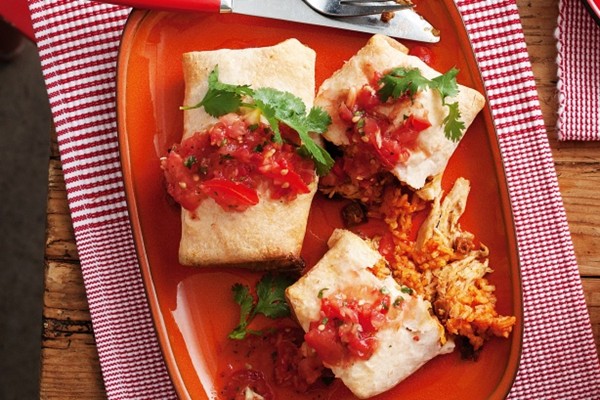 Chicken, chorizo and red rice chimichangas (with spicy salsa)