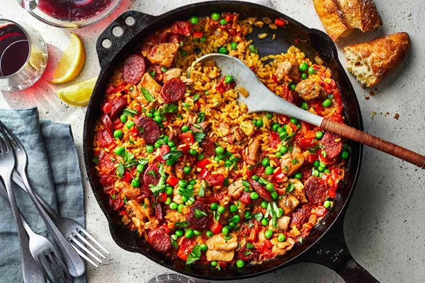 Chicken, chorizo, and seafood paella