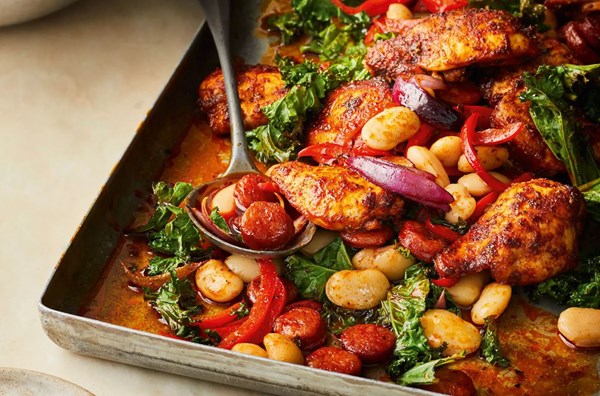Chicken, chorizo, crispy kale & butterbean traybake