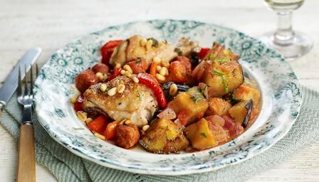 Chicken, chorizo, pepper & sage with spiced aubergine
