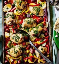 Chicken, chorizo, peppers and potato one-pot roast