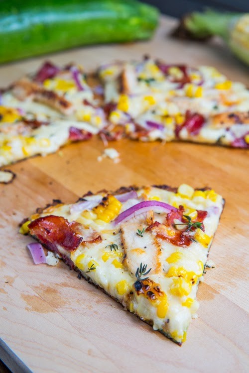 Chicken corn chowder zucchini crust pizza