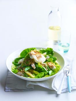 Chicken, cos and soft egg salad with anchovies and crisp onion