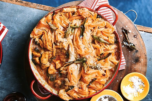 Chicken curry pie with garlic filo