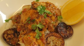 Chicken curry with sautéed eggplant, cucumber salad and Puspa's roti