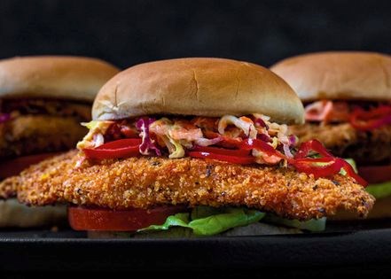 Chicken cutlet sandwich with radicchio slaw and pickled Fresnos