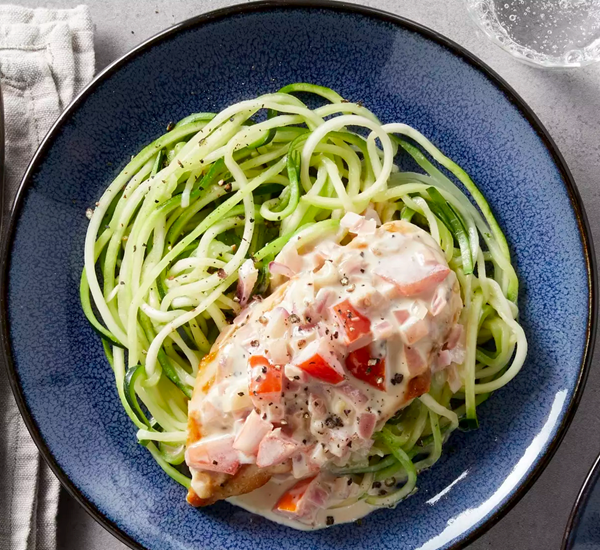 Chicken cutlets & zucchini noodles with creamy tomato sauce