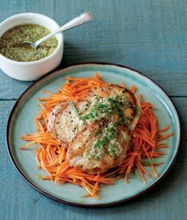 Chicken cutlets and carrots with mint pesto
