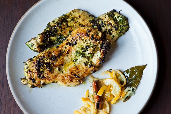 Chicken cutlets grilled in charmoula with quick-cured lemon confit