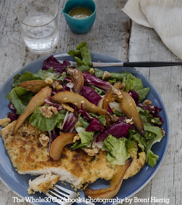 Chicken cutlets with bitter greens, caramelized pears, and shallots