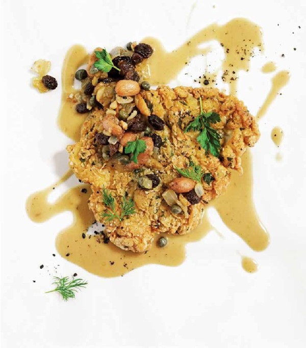 Chicken cutlets with boiled peanuts, currants & brown butter