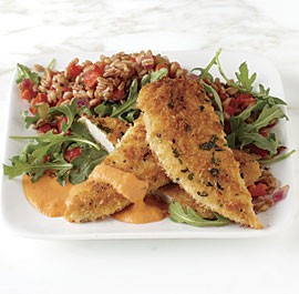 Chicken cutlets with cacciatore farro salad and red pepper aïoli