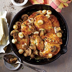 Chicken cutlets with mushrooms and pearl onions