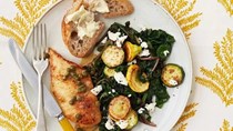Chicken cutlets with summer squash and feta