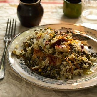 Chicken, date & lentil pilaf with saffron butter