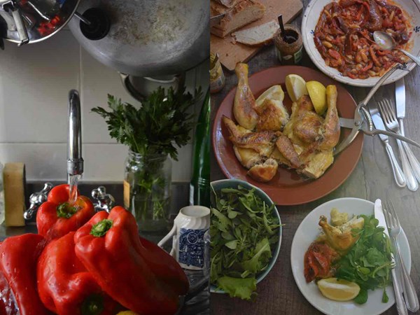 Chicken devil's style with red peppers and almonds