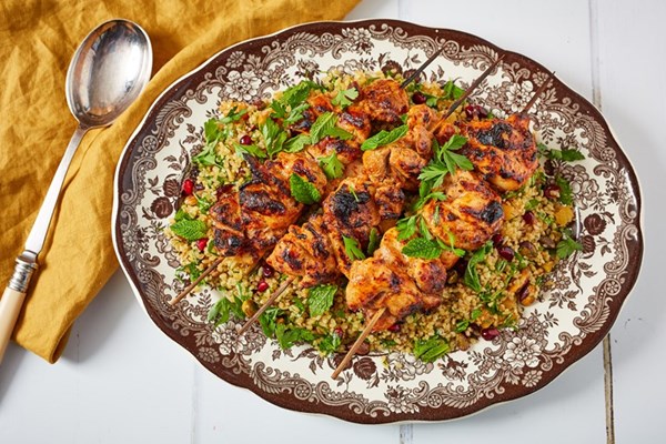  Chicken drumstick fillet skewers with jewelled bulgur wheat salad