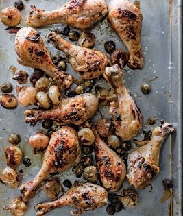 Chicken drumsticks with green olives & cipollini onions