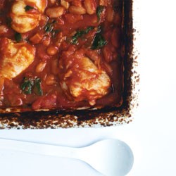 Chicken drumsticks with spinach, pancetta and borlotti beans