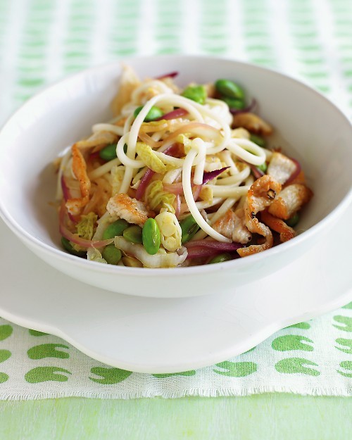 Chicken, edamame, and noodle stir fry