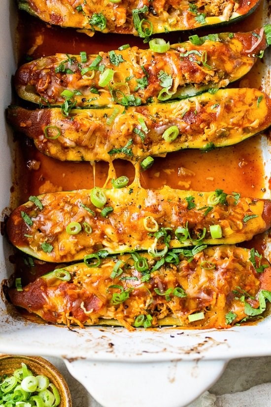 Chicken enchilada stuffed zucchini boats