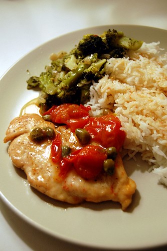 Chicken escalopes with cherry tomatoes and capers