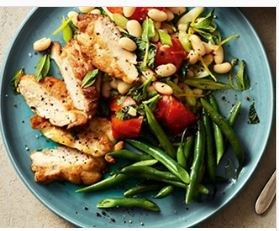 Chicken escalopes with roasted tomato & cannellini bean salad